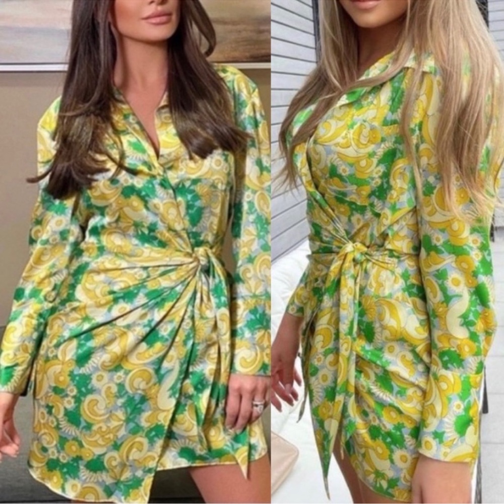 Zara Yellow and Green Long Sleeve Notched Collar Shirt Dress